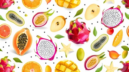 Colorful tropical fruits seamless pattern. Papaya, mango, dragon fruit, passion fruit, guava. Vector illustration.