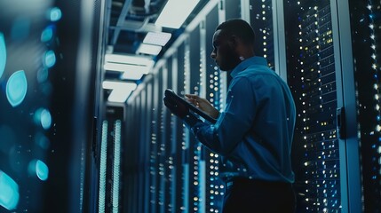 Data Processing digital technology internet network concept Computer programmer working on big data and computer code with data center server room as backgrounds : Generative AI