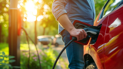 Closeup man recharge electric car's battery from charging station in