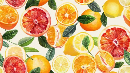 Colorful watercolor citrus fruits seamless pattern. Hand drawn illustration of orange, lemon and grapefruit slices with leaves isolated on white background.