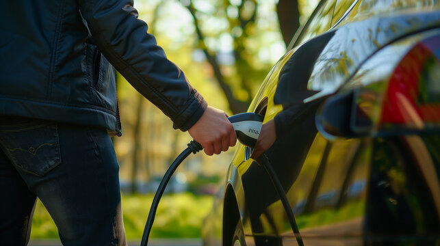 Closeup man recharge electric car's battery from charging station in