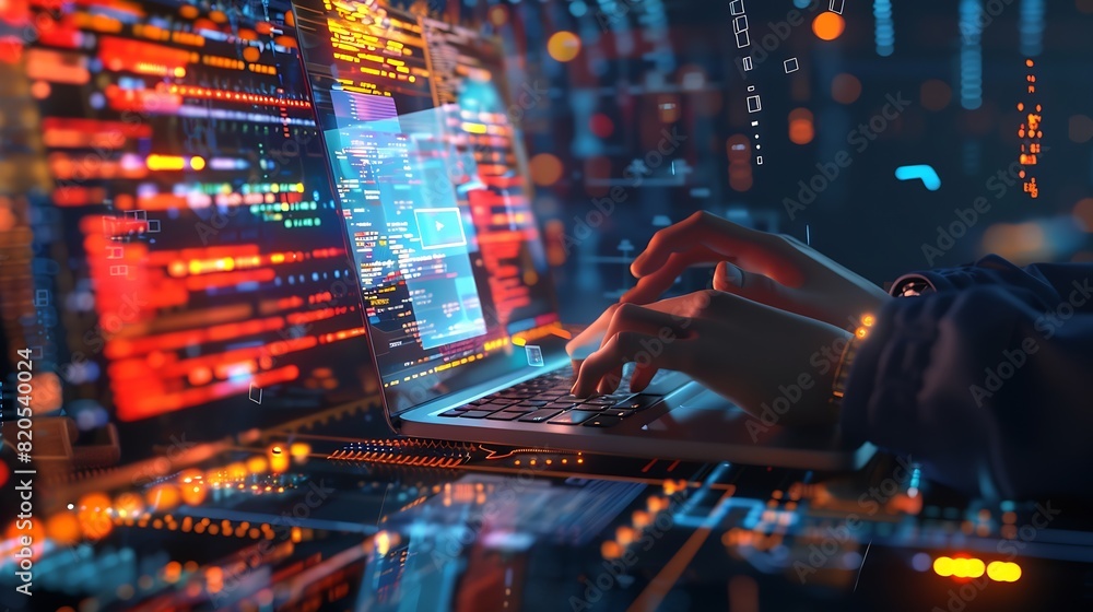 Fototapete Digital technology software development concept Coding programmer software engineer working on laptop with circuit board and javascript on virtual screen internet of things IoT : Generative AI