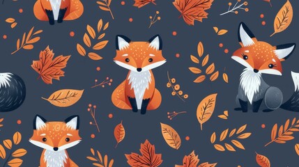 Obraz premium Cute cartoon foxes with autumn leaves on a blue background. Perfect for a nursery or child's room.