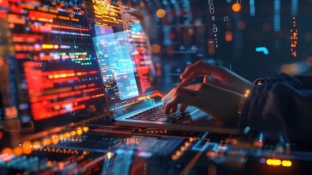 Digital technology software development concept Coding programmer software engineer working on laptop with circuit board and javascript on virtual screen internet of things IoT : Generative AI