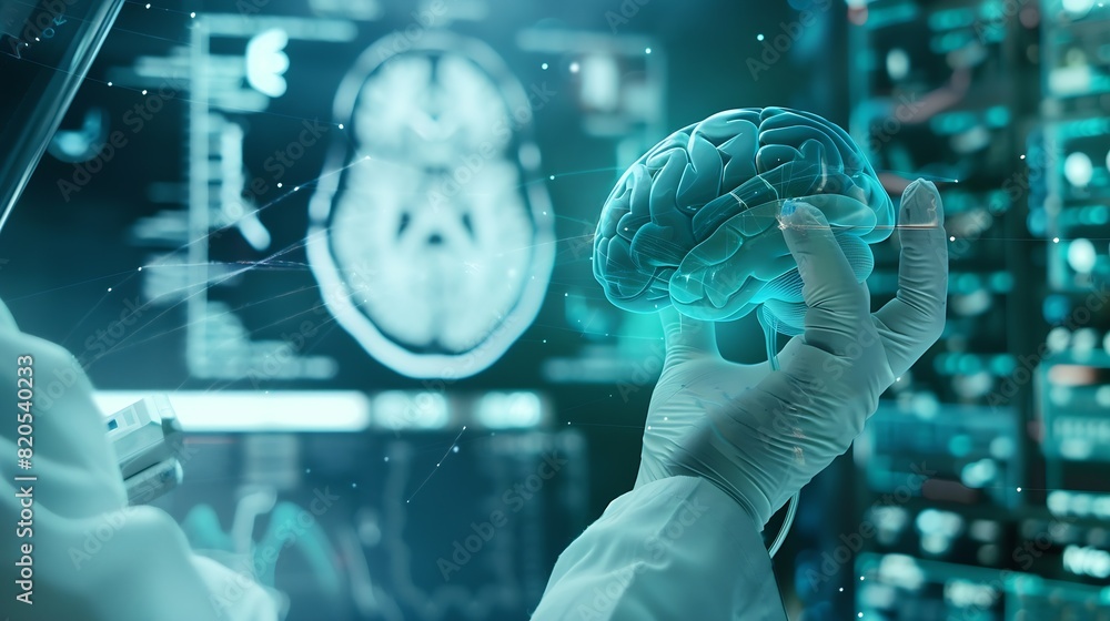 Poster doctor use robotic and innovative medical technology diagnose and examine patient brain with intelli