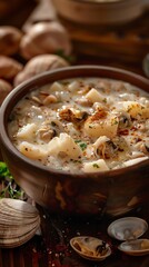 Clam chowder, creamy and loaded with potatoes and clams, cozy New England seafood shack