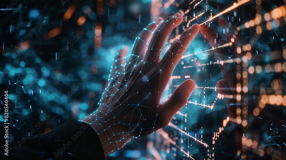 Fototapete Businessman hand touching of digital data network transformation for next generation technology on cyberspace Internet network and digital software development Algorithm Metaverse and  : Generative AI