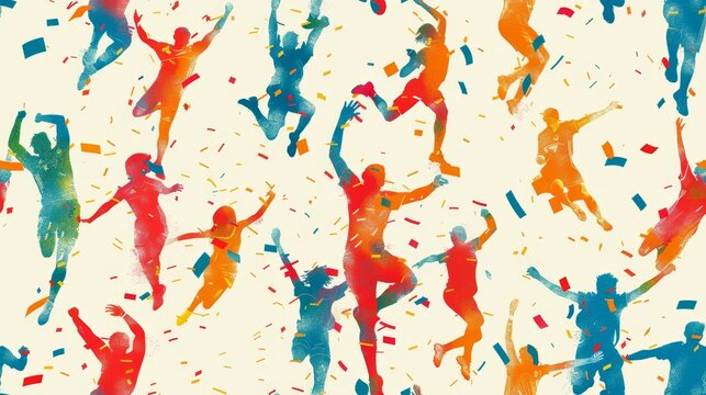 People of various colors jumping in the air with joy and confetti falling from the top in watercolor style.