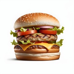 Classic burger with beef cutlet vegetables and onions isolated on a white background