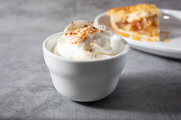 A closeup view of a bowl of whipped cream, topped with cinnamon powder.