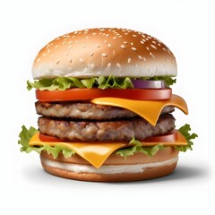 Classic burger with beef cutlet vegetables and onions isolated on a white background