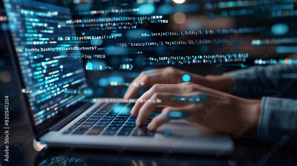 Fototapete Digital technology concept Man programmer working on laptop for big data management computer code on futuristic virtual interface screen data mining digital software development data s : Generative AI
