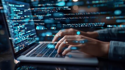 Digital technology concept Man programmer working on laptop for big data management computer code on futuristic virtual interface screen data mining digital software development data s : Generative AI