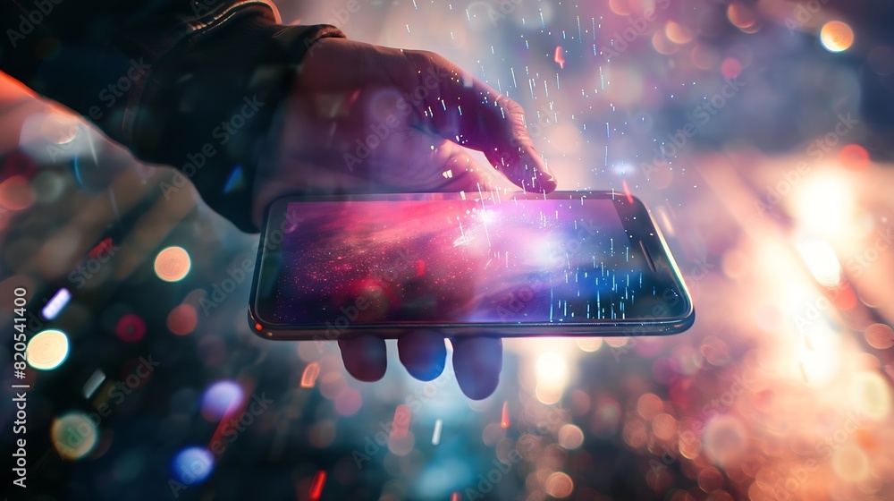 Poster Metaverse and Blockchain Technology Concepts Person with an Experiences of Metaverse Virtual World via Smart Phone Futuristic Tone Hand Levitating Mobile Phone : Generative AI