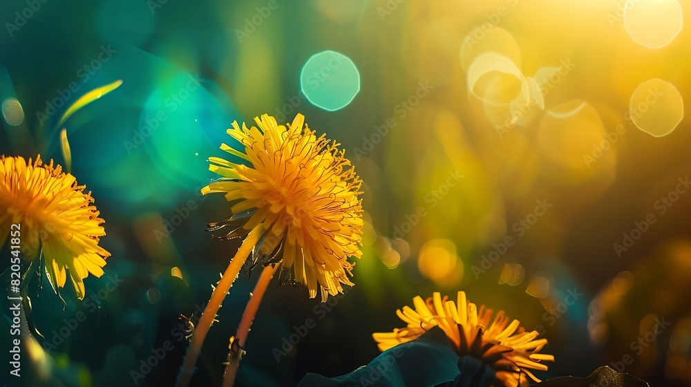 Aufkleber floral summer spring background yellow dandelion flowers closeup in a field on nature on a dark blue