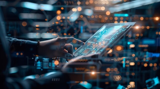 Digital technology software development concept Coding programmer software engineer using digital tablet with circuit board and javascript on virtual screen internet of things IoT : Generative AI