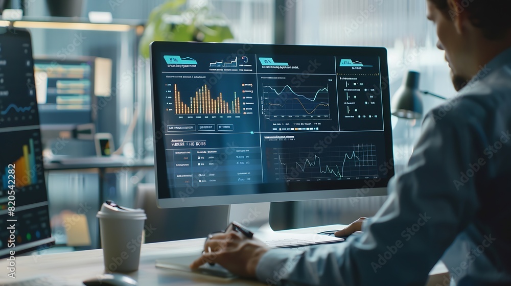 Aufkleber An analyst uses a computer and dashboard for data business analysis and Data Management System with KPI and metrics connected to the database for technology finance operations sales ma : Generative AI