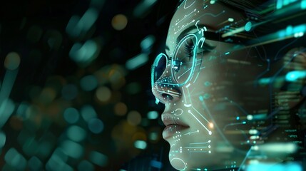 Software coding hologram and woman on tablet thinking of data analytics digital technology and night overlay Programmer or IT person in glasses on 3d screen programming and cybersecuri : Generative AI