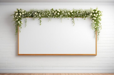 A beautiful floral arrangement. An empty photo frame for text on a white background. Wedding. Birthday. valentine's day. Mothers Day. Teacher's Day. Flat picture, top view, place to copy. High quality