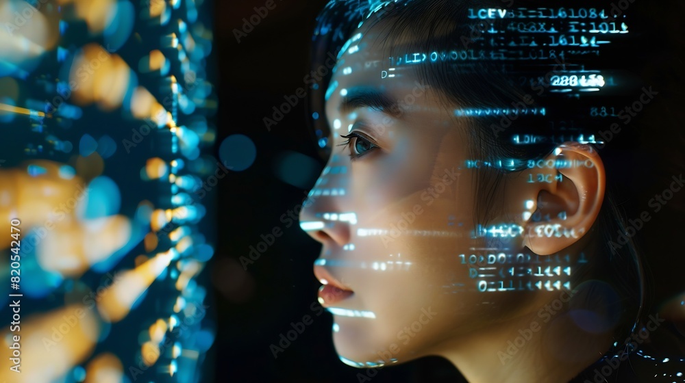 Poster Portrait of Asian Female Startup Digital Entrepreneur Working on Computer Line of Code Projected on Her Face and Reflecting Software Developer Working on Innovative eCommerce App using : Generative AI