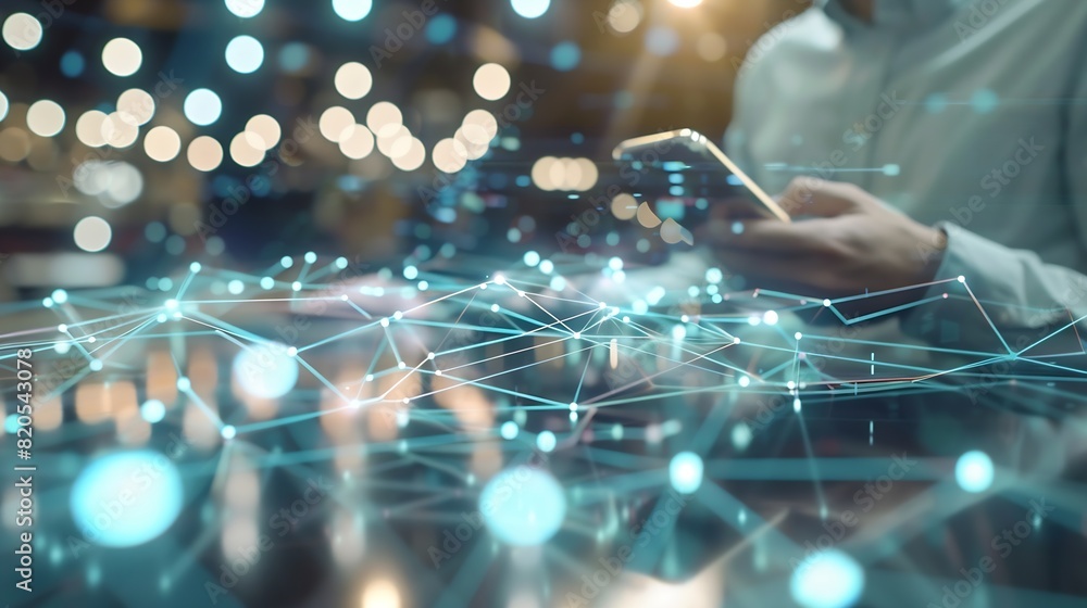Aufkleber Tech devices connected to each other by businessman on blurred background 3D rendering : Generative AI