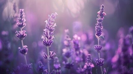 Obraz premium Lavender purple flowers closeup on a blurred background field : Generative AI