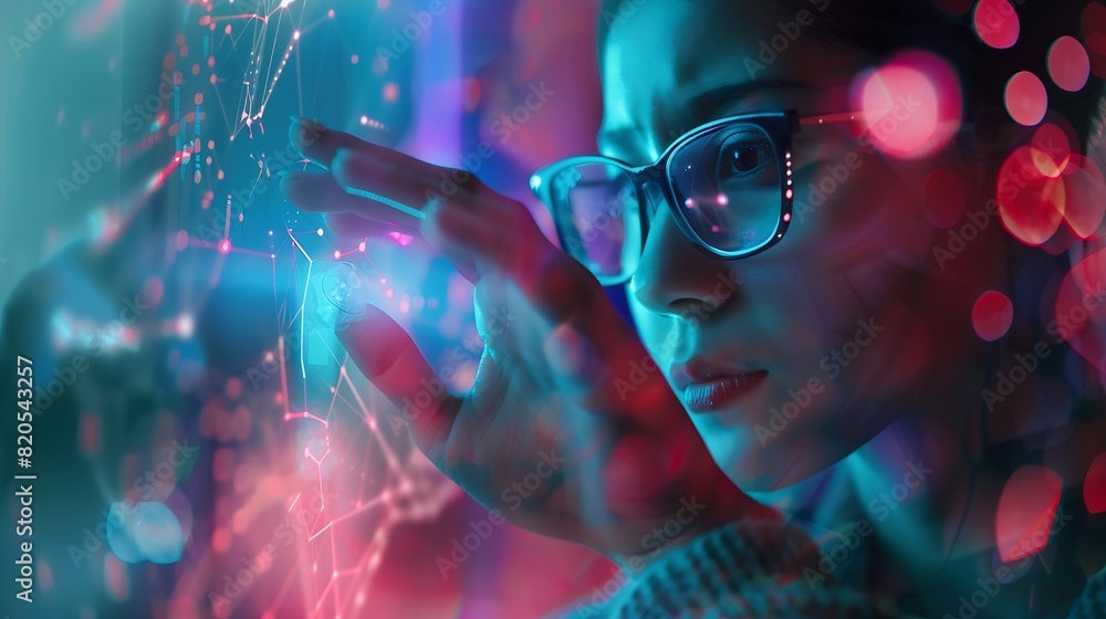 Aufkleber Metaverse and Blockchain Technology Concepts Person with Glasses try to Touching Object for Experiences of Metaverse Virtual World Futuristic Tone : Generative AI