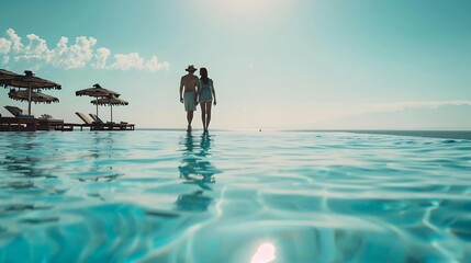 vacation couple on the beach near swimming pool luxury travel : Generative AI - Powered by Adobe