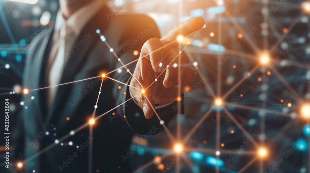 Fototapete Businessman touching global network connection and data exchanges on internet network and digital software development Algorithm and data science social networking and communication : Generative AI
