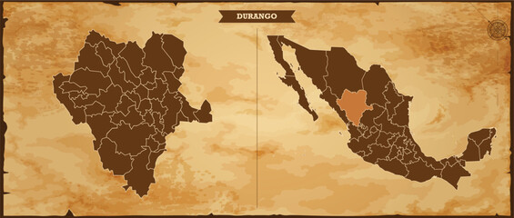 Durango state map, Mexico map with federal states in A vintage map based background, Political Mexico Map