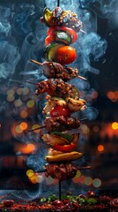 Naklejka premium Kebab, grilled meat with vegetables on a skewer, vibrant Istanbul street at night