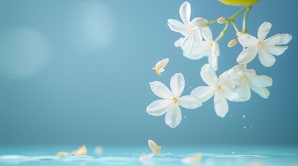 Jasmine bloom A beautifull white flower of Jasmine falling in the air isolated on blue background Levitation or zero gravity concept High resolution image : Generative AI