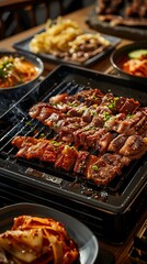 Korean BBQ, assorted meats grilling on a tabletop stove, lively Korean restaurant with friends gathered