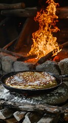 Kosovar flija, layered pancake with cream, cooked over an open flame, rural setting, traditional stone oven, family gathering