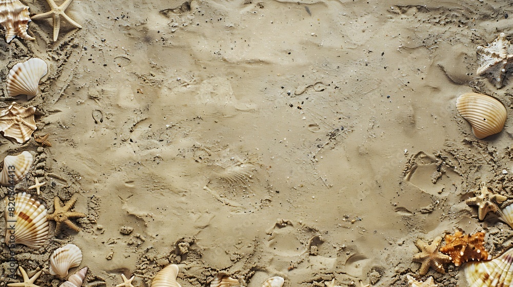 Poster Top view of a sandy beach texture with imprints of exotic seashells and starfish as natural textured background : Generative AI