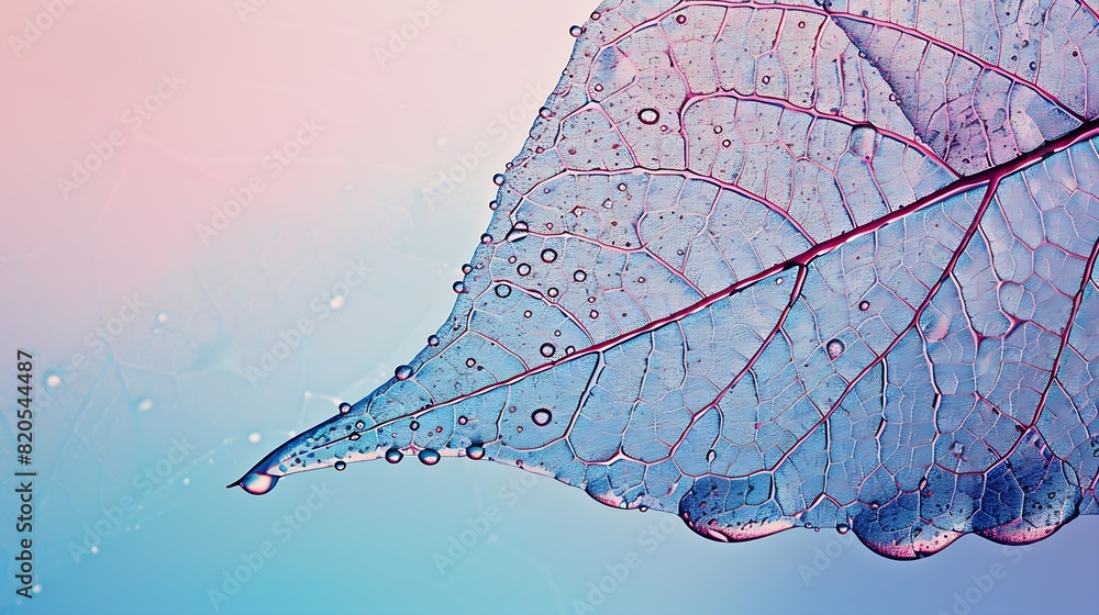 Aufkleber transparent skeleton leaf with beautiful texture on a blue and pink background glass with shiny wate