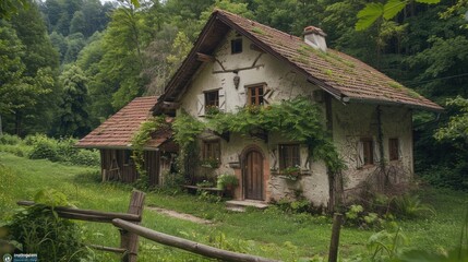 Rustic hunting house in the forrest. Generative AI