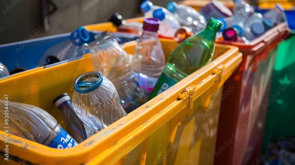 Poster a simplified single-stream recycling system in action, with diverse recyclable materials being depos