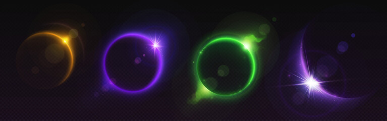 Solar full eclipse abstract neon light circle and crescent on dark transparent background. Realistic vector illustration set of colorful bright glowing ring. Sun corona flare. Moon covering sun effect