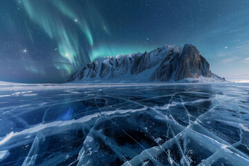 A frozen lake witn cracks, there is a snowcap mountain in the background. Aurora glowing in the sky