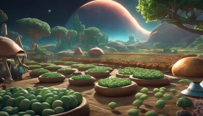 Fototapeta premium An extraterrestrial farm boasts diverse alien vegetation on a vibrant exoplanet, with a scenic cosmic backdrop.. AI Generation