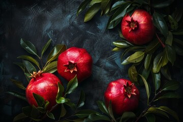 Ribe red pomegranates still life, laying on a rough fabric background, in a moody light with deep shadows