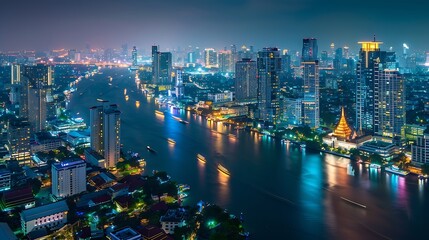 Naklejka premium Smart network and Connection technology concept with Bangkok city background at night in Thailand Panorama view : Generative AI