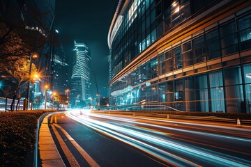 The light trails on the modern building background, AI generated