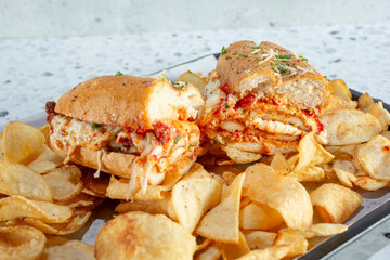 A view of a chicken parmigiana sandwich.