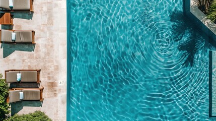 Top view of a swimming pool and pink air mattress in the swimming pool with palm trees