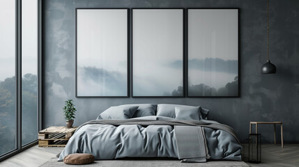 blue tone, bed with blue pillows and two bedside cabinets against white wall with three posters frames. Farmhouse interior design of modern bedroom