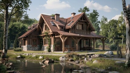 Obraz premium Rustic hunting house in the forrest. Generative AI