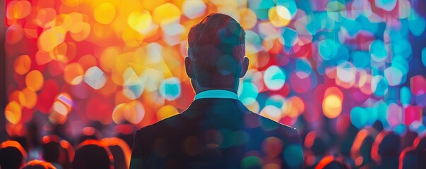 Man in a suit facing colorful bokeh lights, creating a dreamy and vibrant atmosphere, perfect for corporate or event themes.