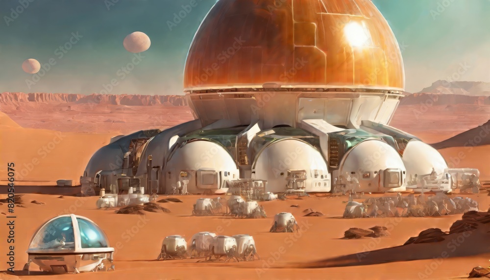 Poster an artistic depiction of a futuristic martian colony, with large domed structures under a hazy sky, 